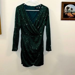 Women’s Long Sleeved Formal Dress, Sequins, Green, Zips in Back, Slit